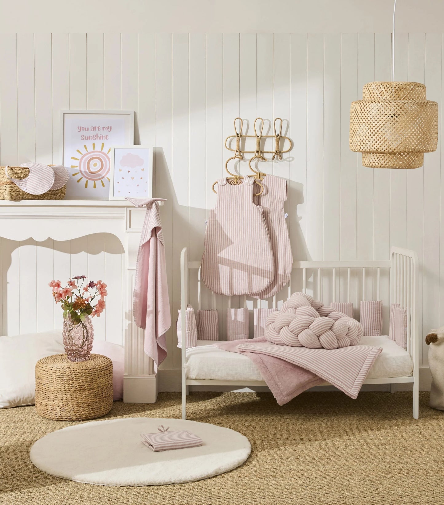 Cape de bain + gant rayée vieux rose