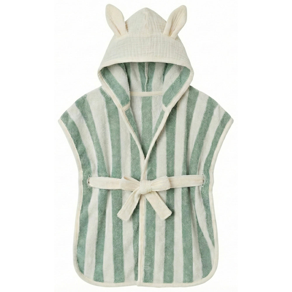 Peignoir lapin en bambou et gaze de coton rayée vert de gris