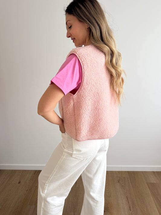 Veste moumoute sans manches LOVE Rose