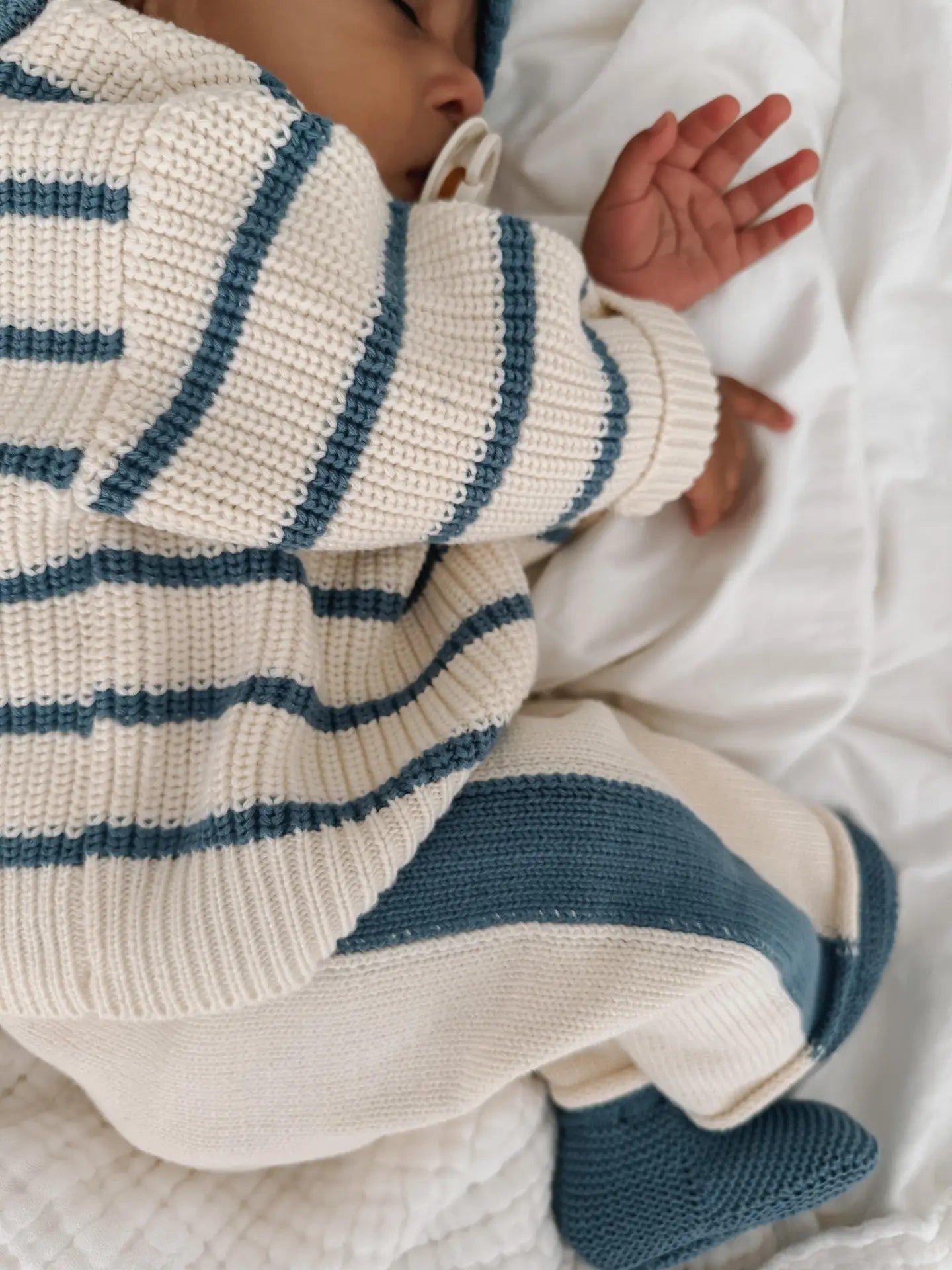 Pantalon Rayé en Tricot Crème & Bleu Denim