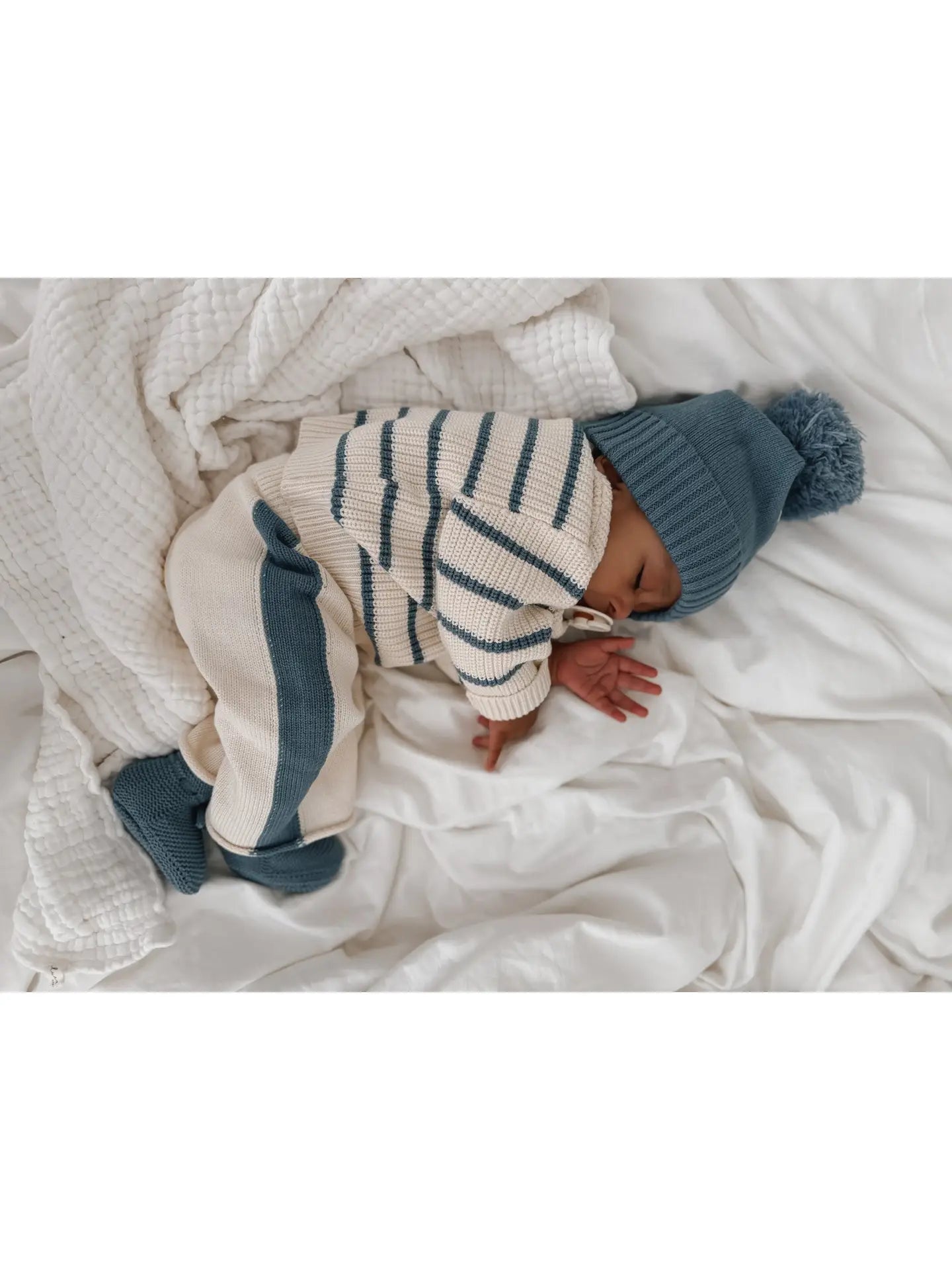 Pantalon Rayé en Tricot Crème & Bleu Denim