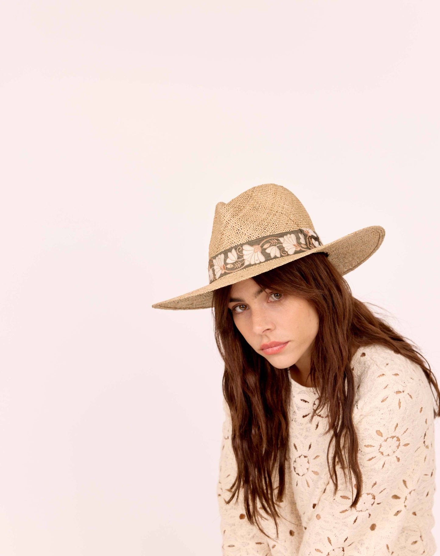 CHAPEAU PAILLE BRODÉ OLIVE BORDS LARGES SOMBRERO