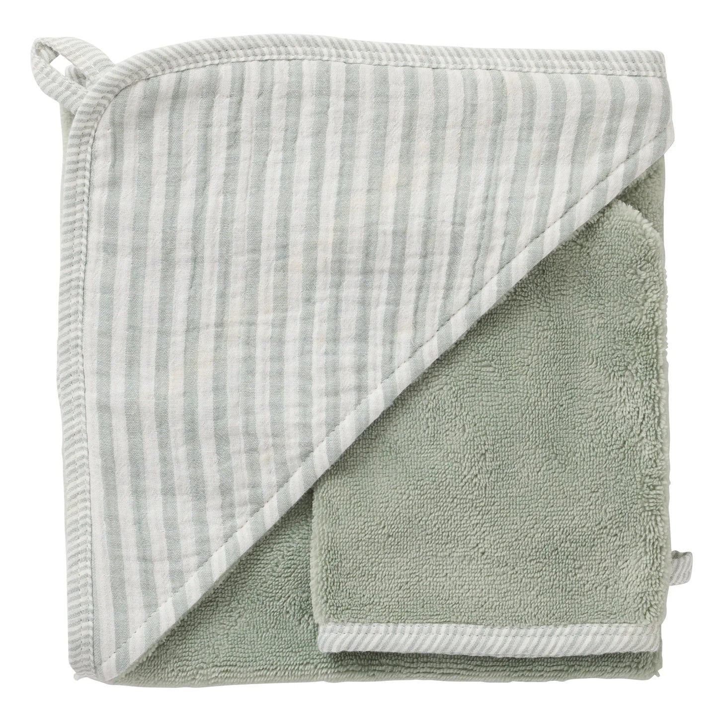 Cape de bain + gant rayée vert de gris