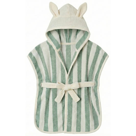 Peignoir lapin en bambou et gaze de coton rayée vert de gris