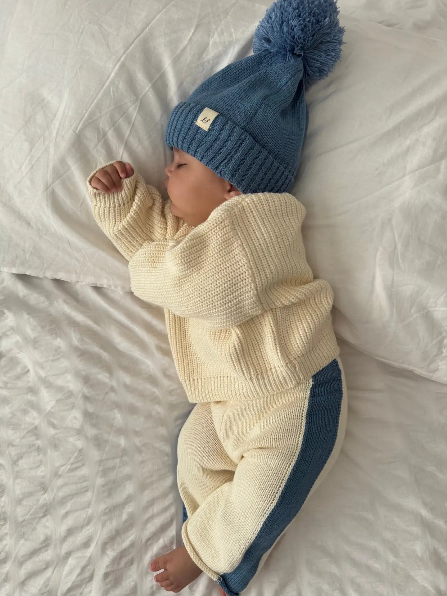 Pantalon Rayé en Tricot Crème & Bleu Denim