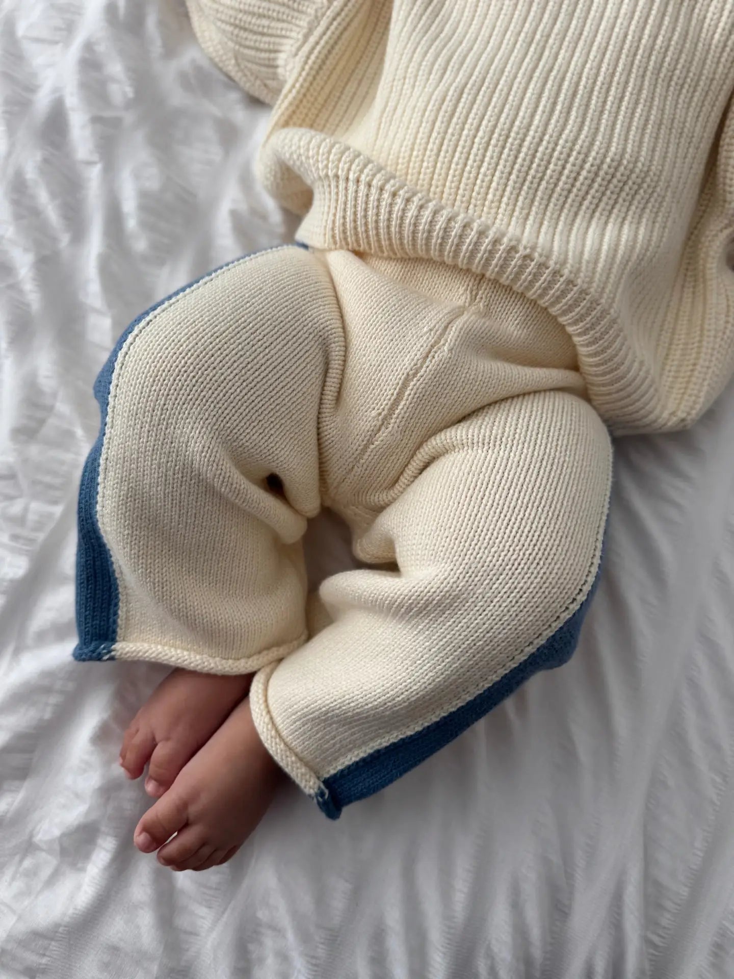 Pantalon Rayé en Tricot Crème & Bleu Denim