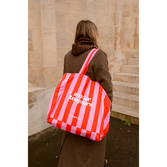 Cabas XXL Amour Toujours Rayures rose et rouge