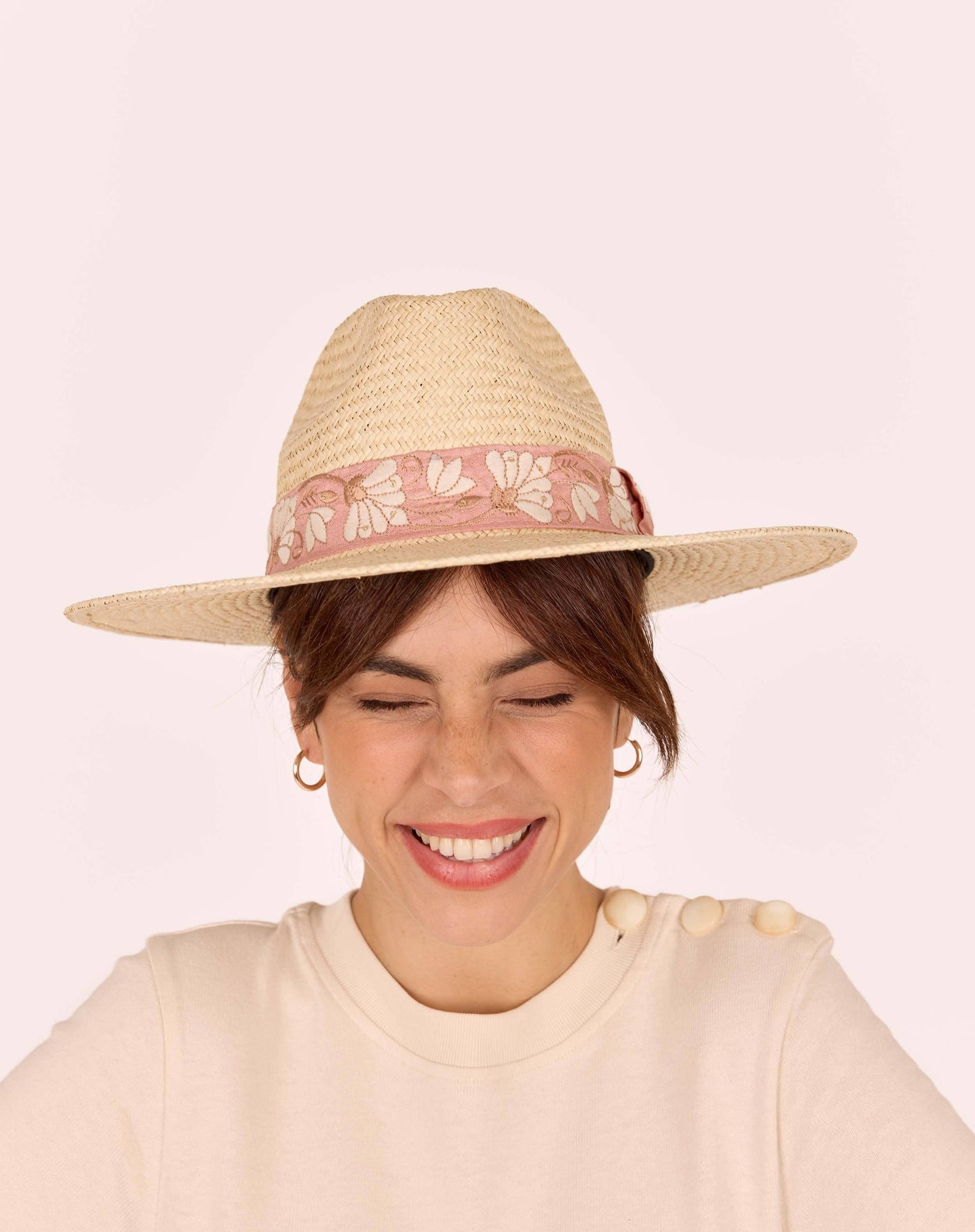CHAPEAU PAILLE BRODÉ ROSE ROSALIE