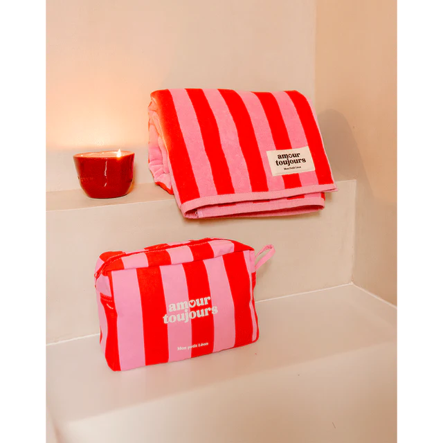 Trousse de toilette Amour Toujour rayures rouge et rose
